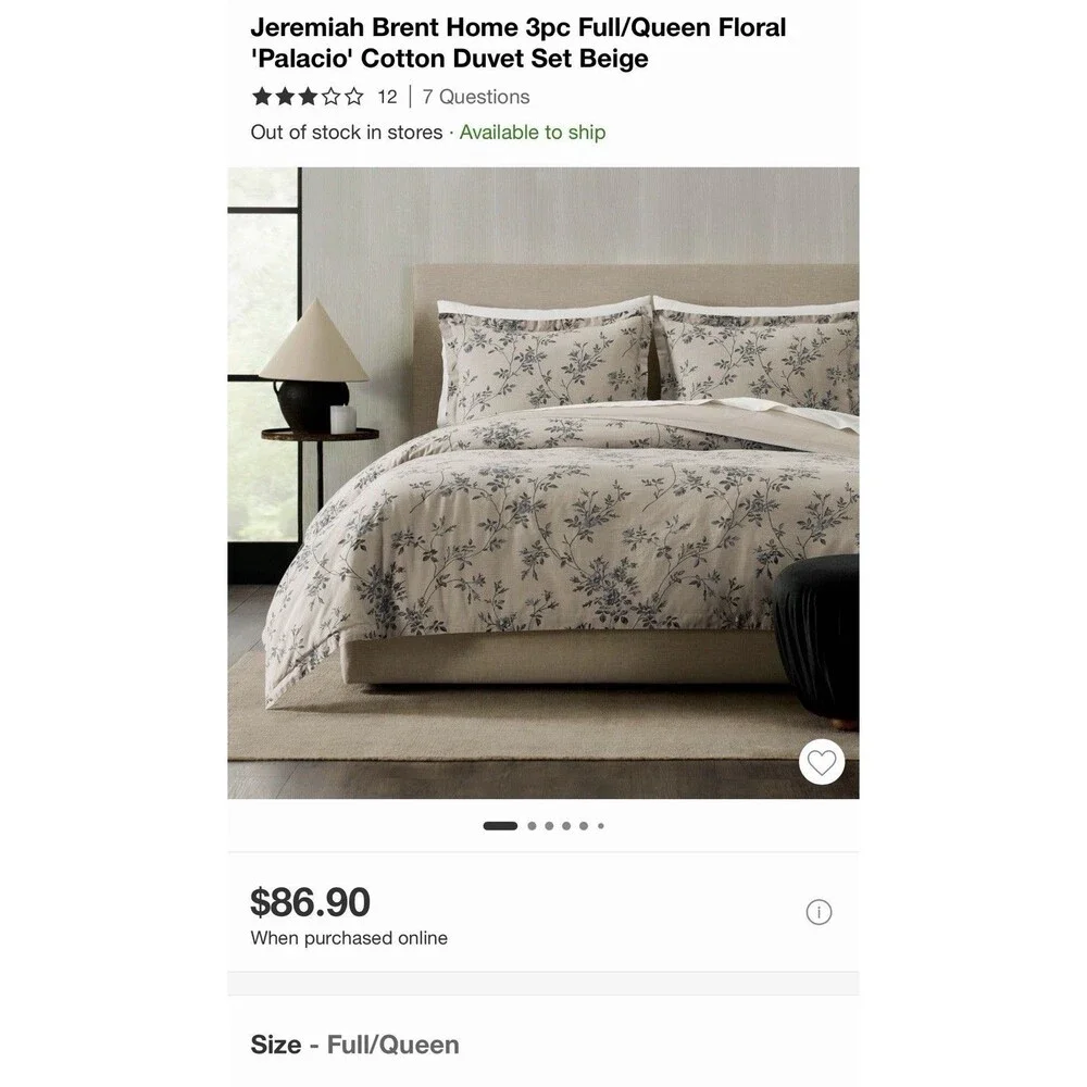 Jeremiah Brent Palacio Floral Duvet Cover Set Full Queen 3pc Cotton NEW $86.90